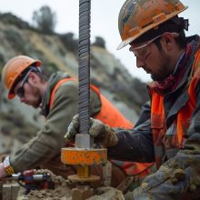 Two construction workers in hard hats and safety vests work on a project. They are using a variety of tools to complete the task. Two construction workers in hard hats and safety vests work on a project. They are using a variety of tools to complete the task.
